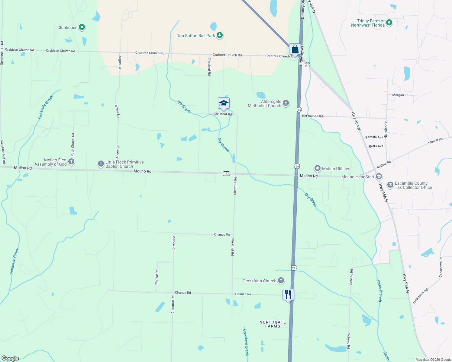 map of restaurants, bars, coffee shops, grocery stores, and more near 6475 Chestnut Road in Molino