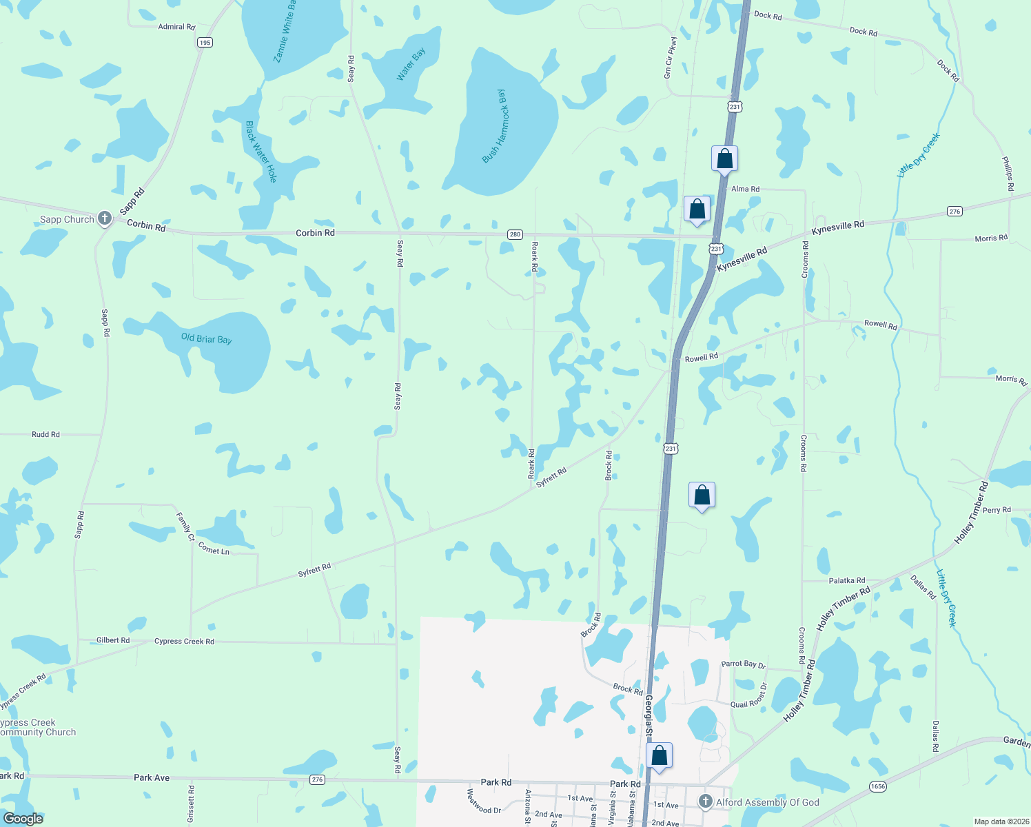 map of restaurants, bars, coffee shops, grocery stores, and more near 2069 Roark Road in Cottondale