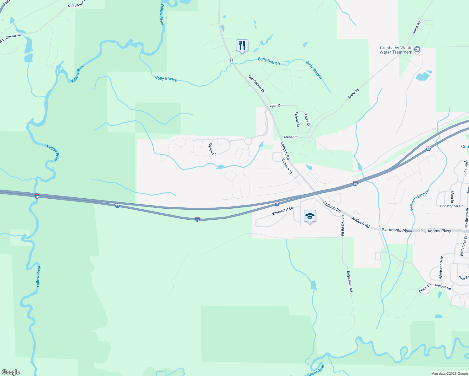 map of restaurants, bars, coffee shops, grocery stores, and more near 659 Red Fern Road in Crestview