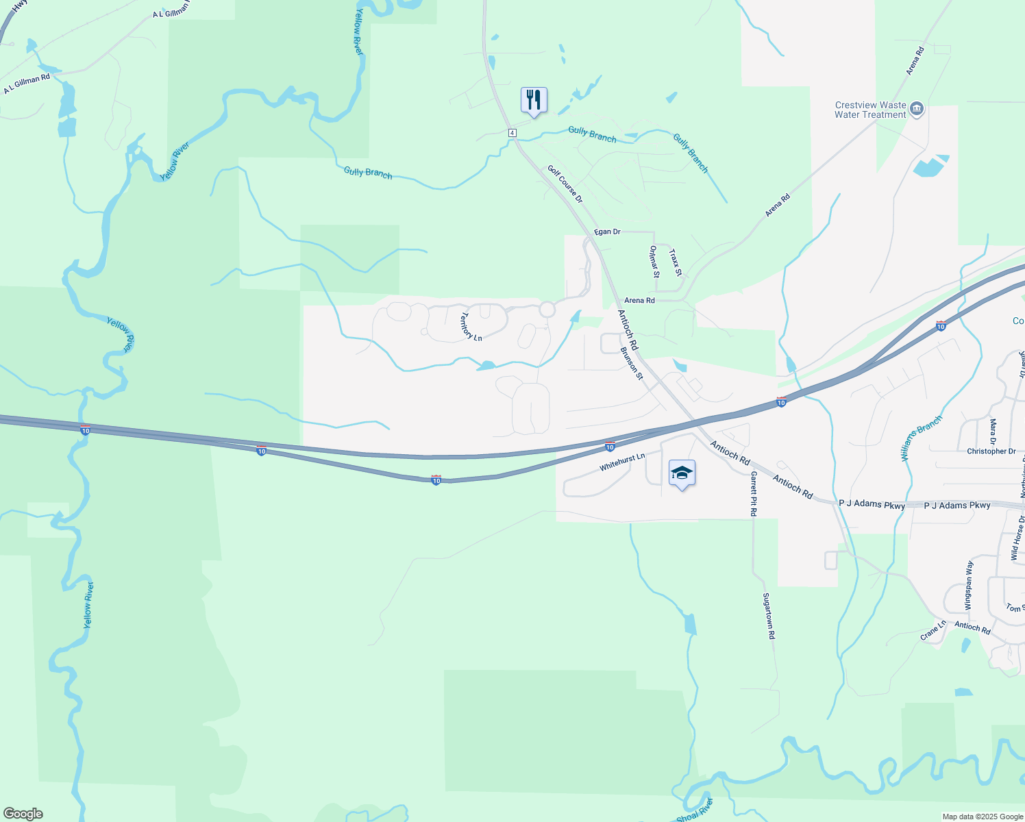 map of restaurants, bars, coffee shops, grocery stores, and more near 661 Red Fern Road in Crestview
