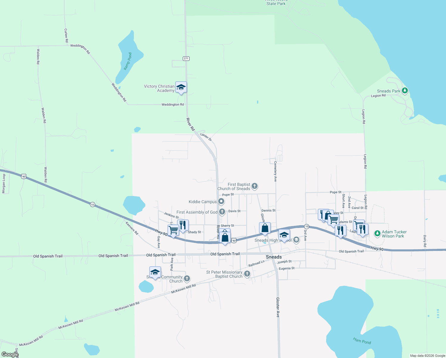map of restaurants, bars, coffee shops, grocery stores, and more near 2116 River Road in Sneads