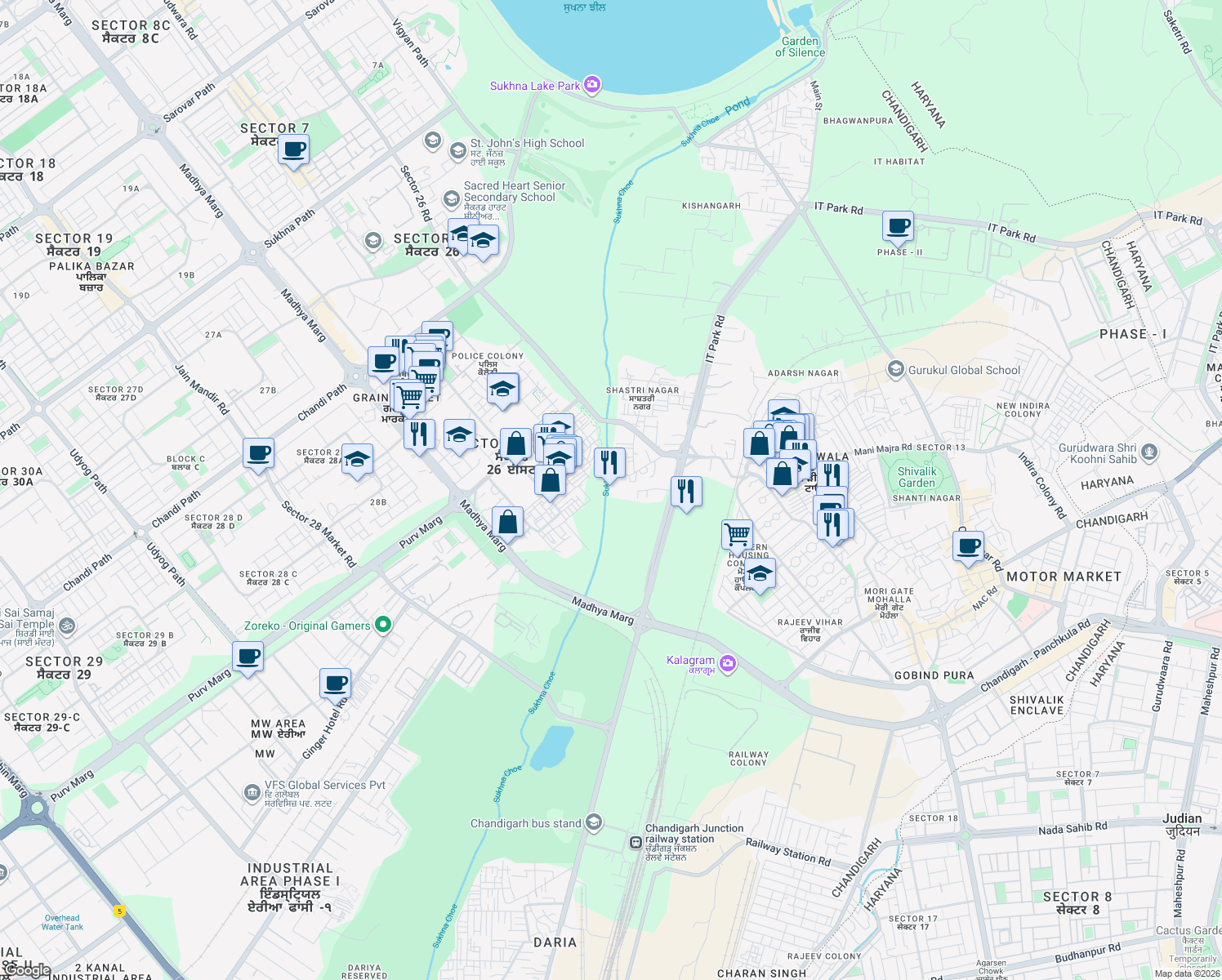 map of restaurants, bars, coffee shops, grocery stores, and more near 1046 Dakshin Marg in Chandigarh