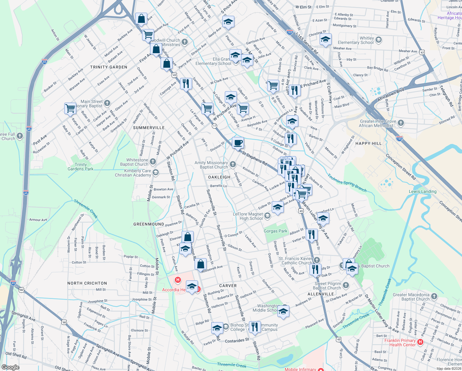 map of restaurants, bars, coffee shops, grocery stores, and more near 2054 Barretts Lane in Mobile