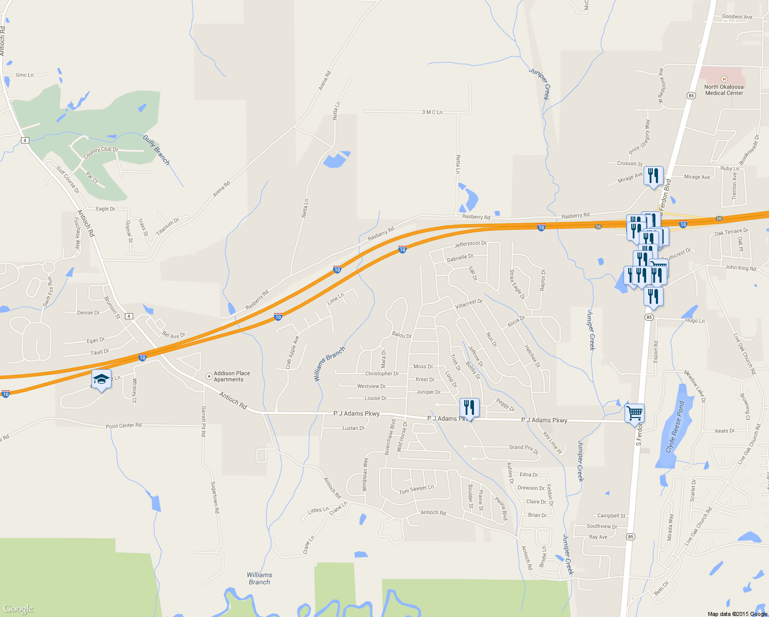 map of restaurants, bars, coffee shops, grocery stores, and more near 462 Jillian Drive in Crestview
