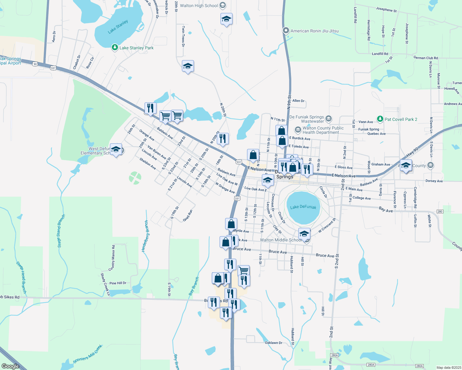 map of restaurants, bars, coffee shops, grocery stores, and more near 83 Live Oak Avenue West in DeFuniak Springs