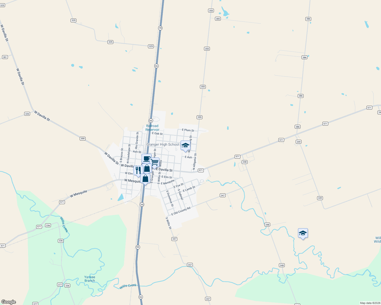 map of restaurants, bars, coffee shops, grocery stores, and more near 700 E Walnut in Granger