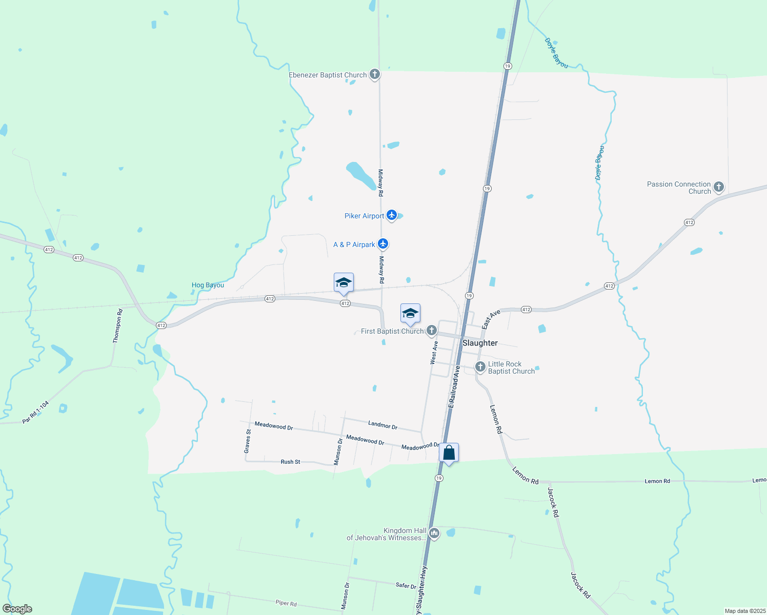 map of restaurants, bars, coffee shops, grocery stores, and more near 935 Midway Road in Slaughter