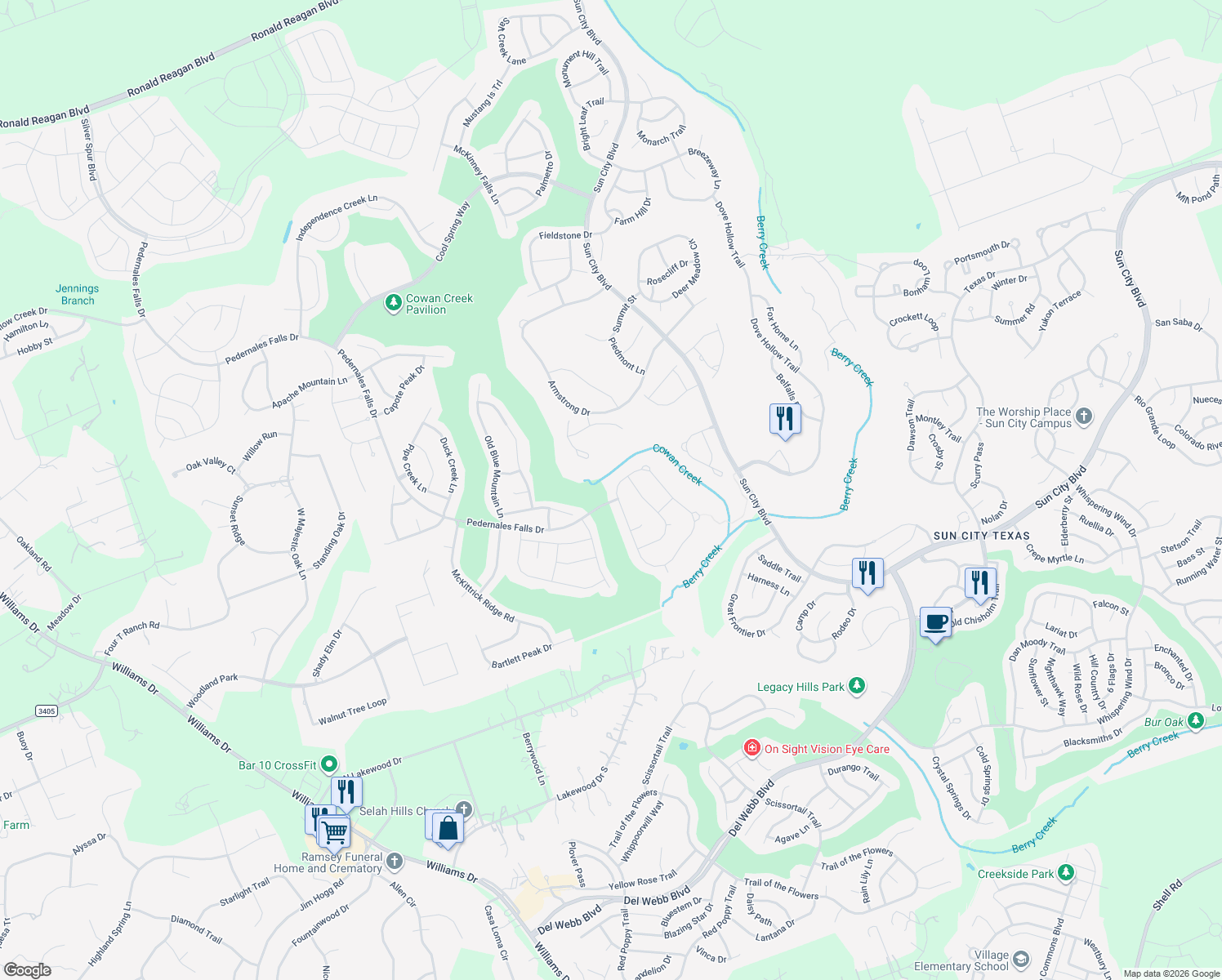 map of restaurants, bars, coffee shops, grocery stores, and more near 610 Davis Mountain Circle in Georgetown