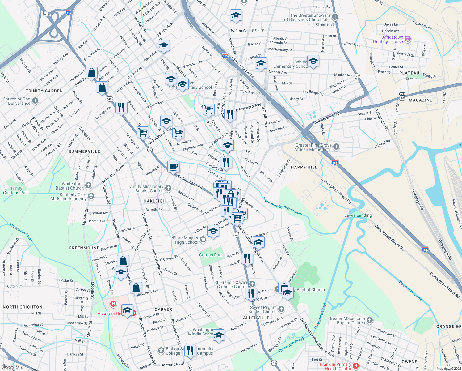 map of restaurants, bars, coffee shops, grocery stores, and more near 2354 Osage Street in Mobile