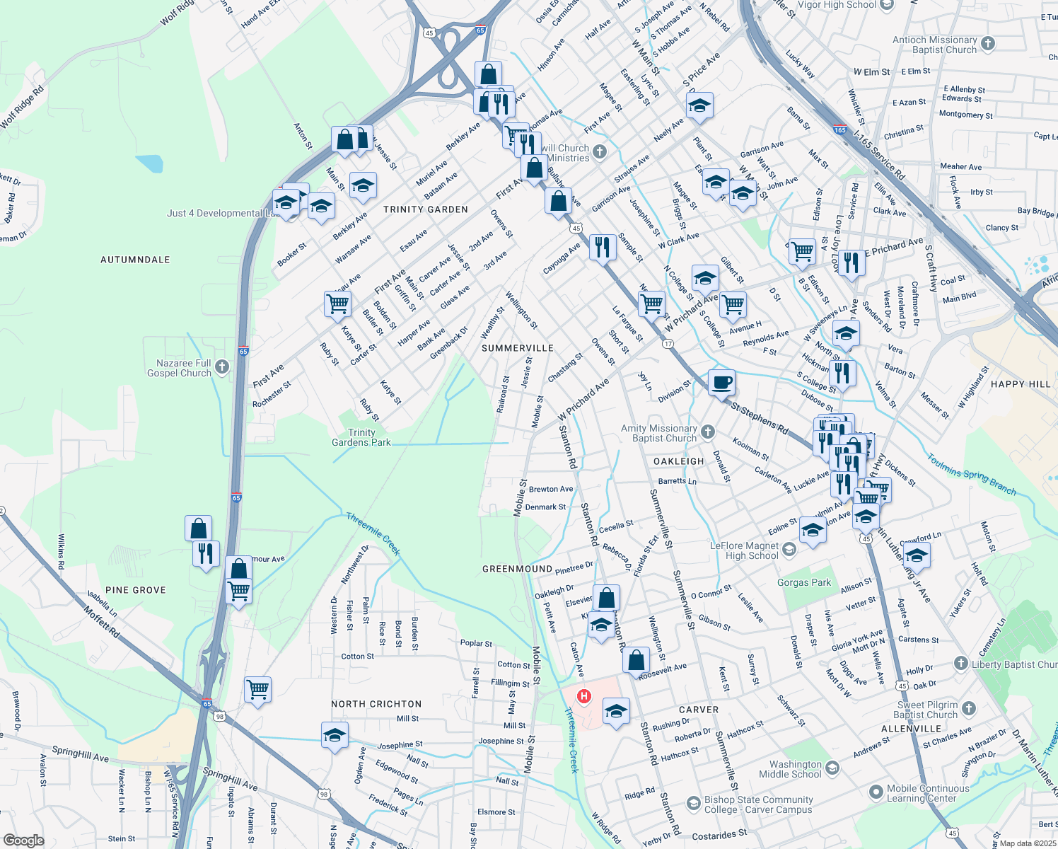 map of restaurants, bars, coffee shops, grocery stores, and more near 1205 Mobile Street in Mobile