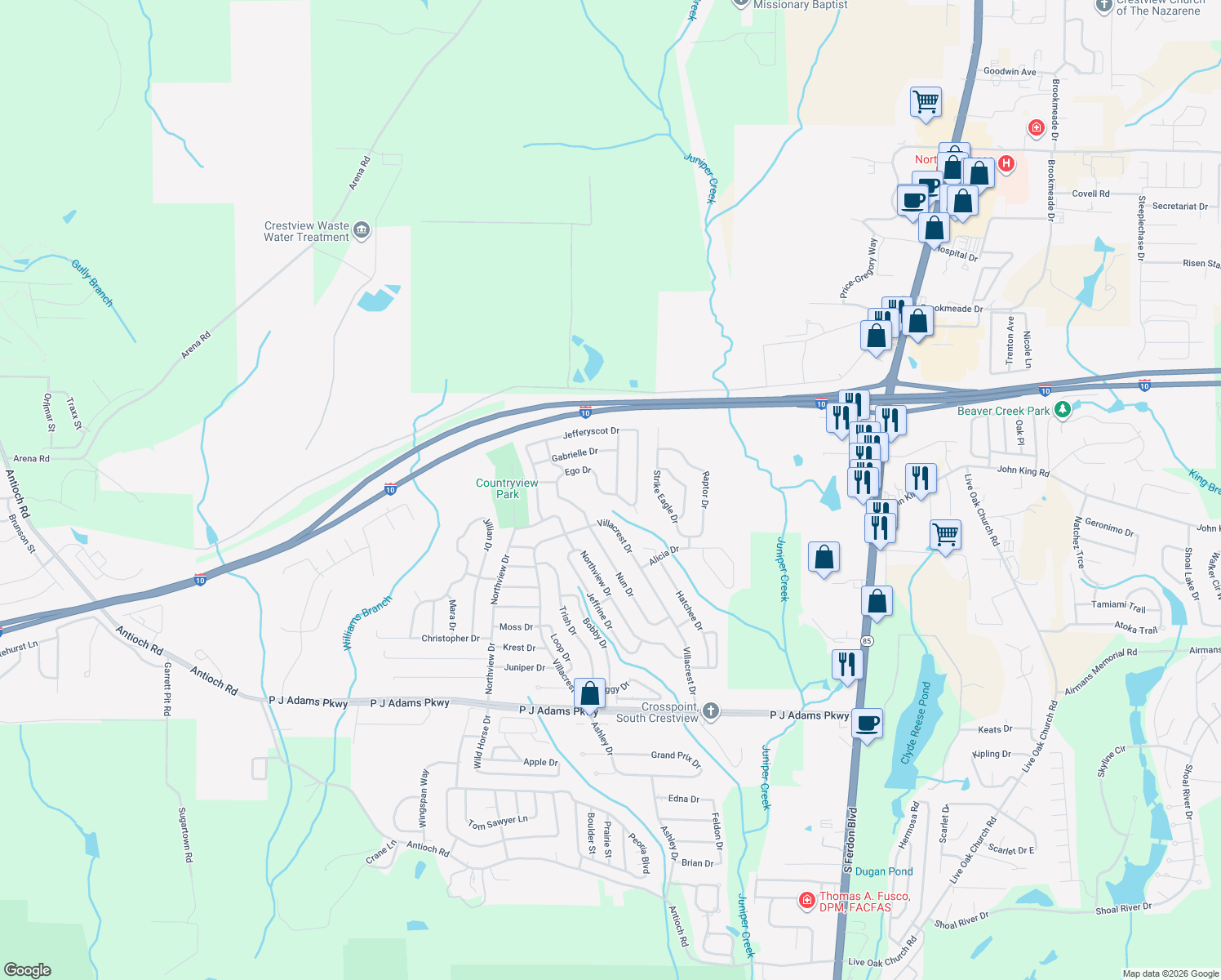 map of restaurants, bars, coffee shops, grocery stores, and more near 1235 Ego Drive in Crestview