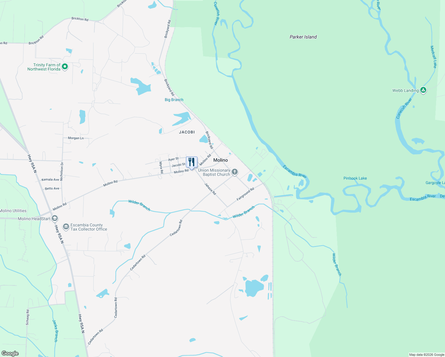 map of restaurants, bars, coffee shops, grocery stores, and more near 6800 Cedartown Road in Molino