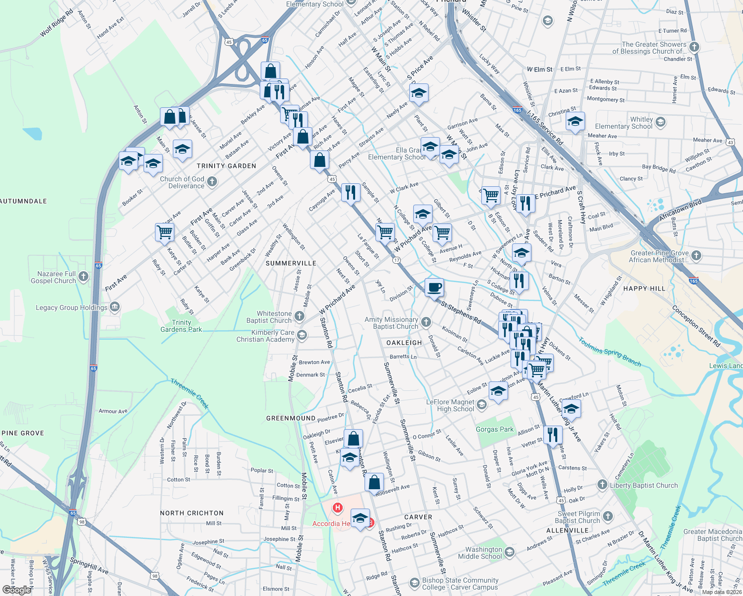 map of restaurants, bars, coffee shops, grocery stores, and more near 1076 Summerville St in Mobile