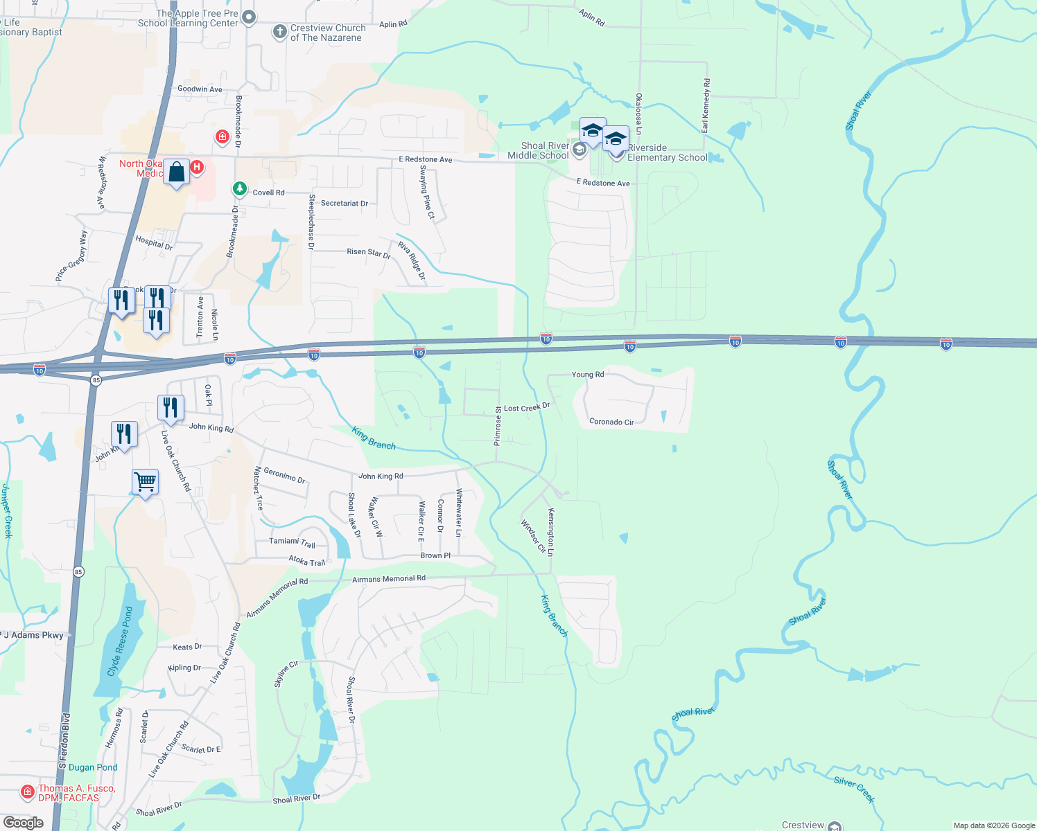 map of restaurants, bars, coffee shops, grocery stores, and more near 3016 Lost Creek Drive in Crestview