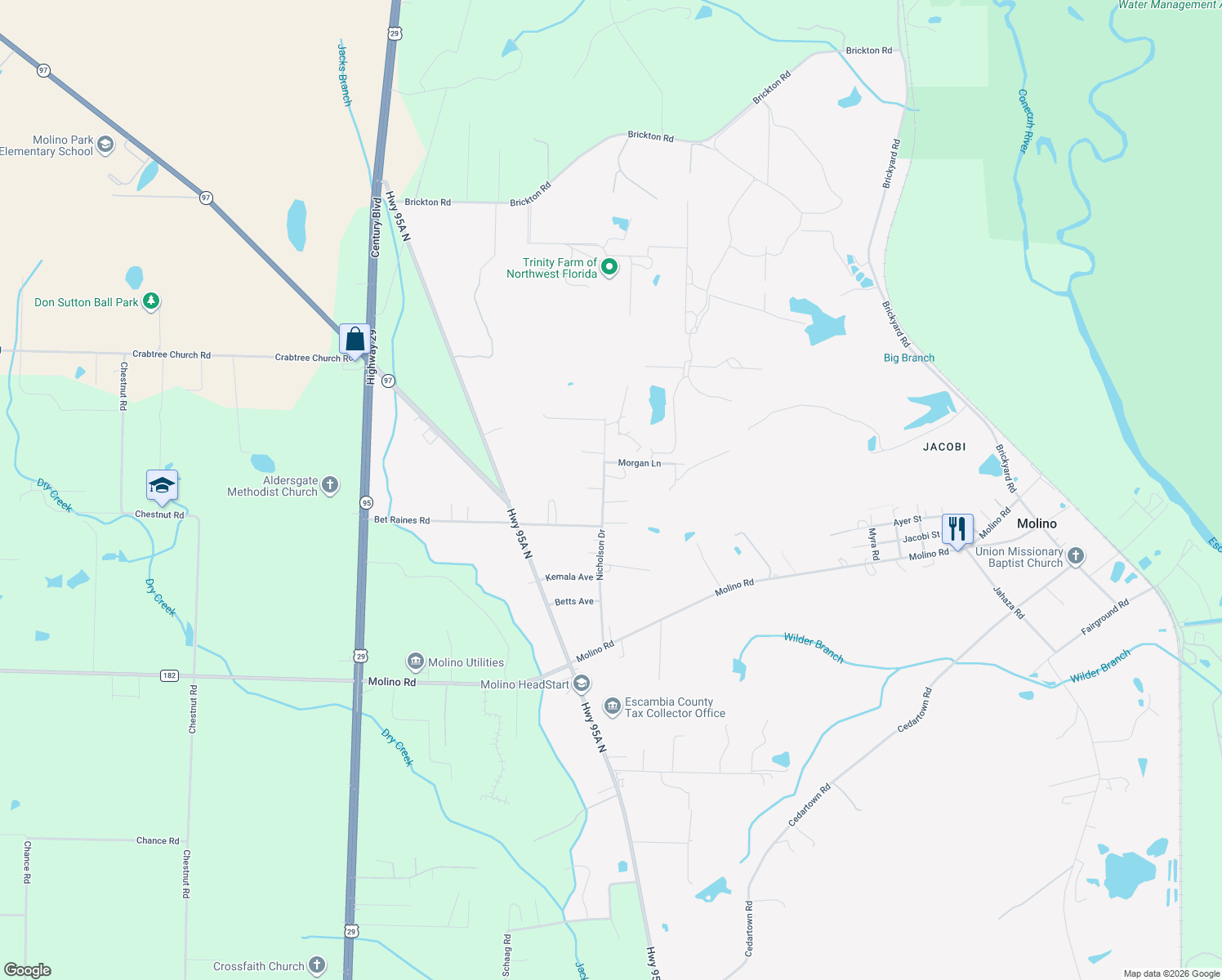 map of restaurants, bars, coffee shops, grocery stores, and more near 7018 Nicholson Drive in Molino