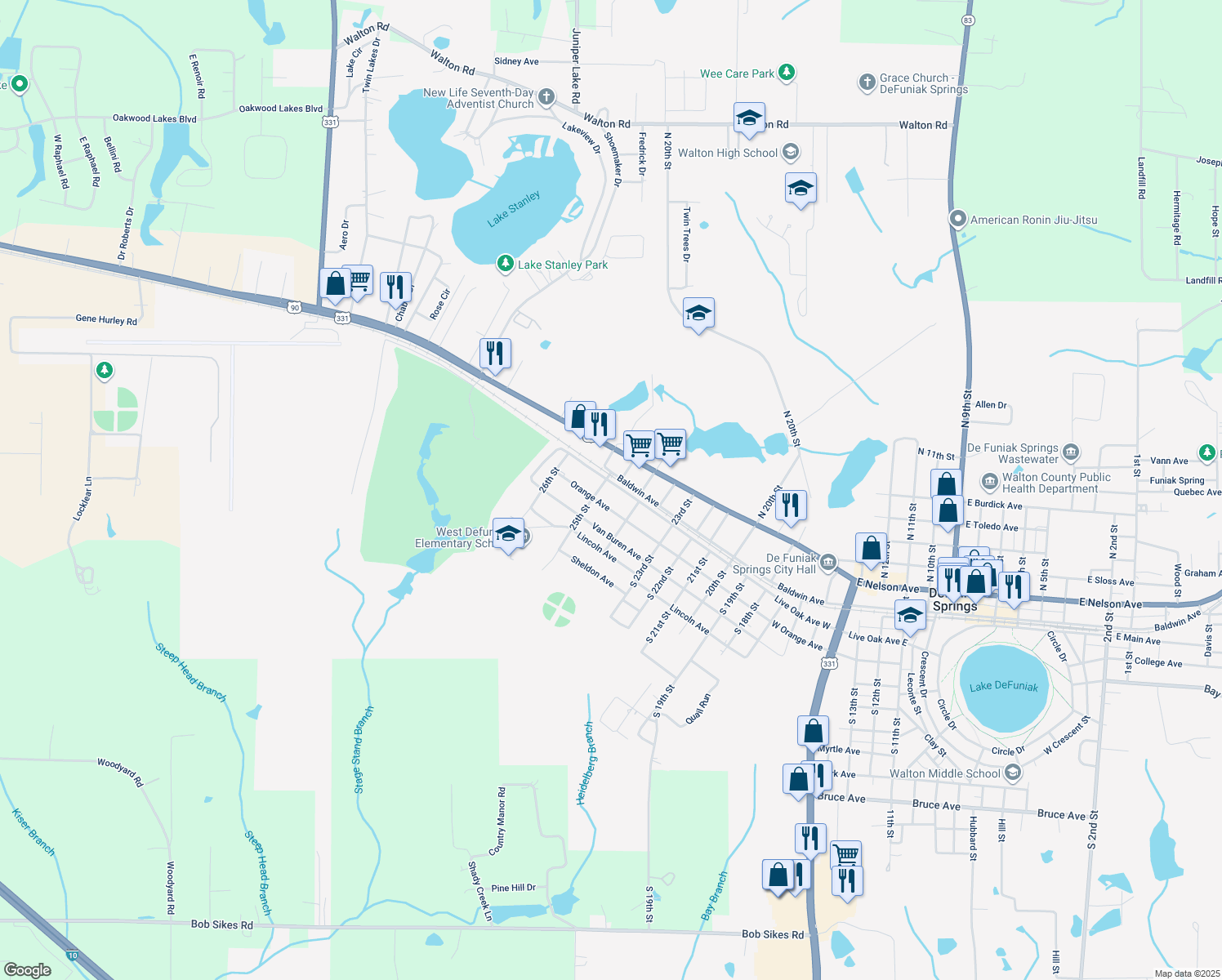 map of restaurants, bars, coffee shops, grocery stores, and more near 841 Live Oak Ave W in DeFuniak Springs