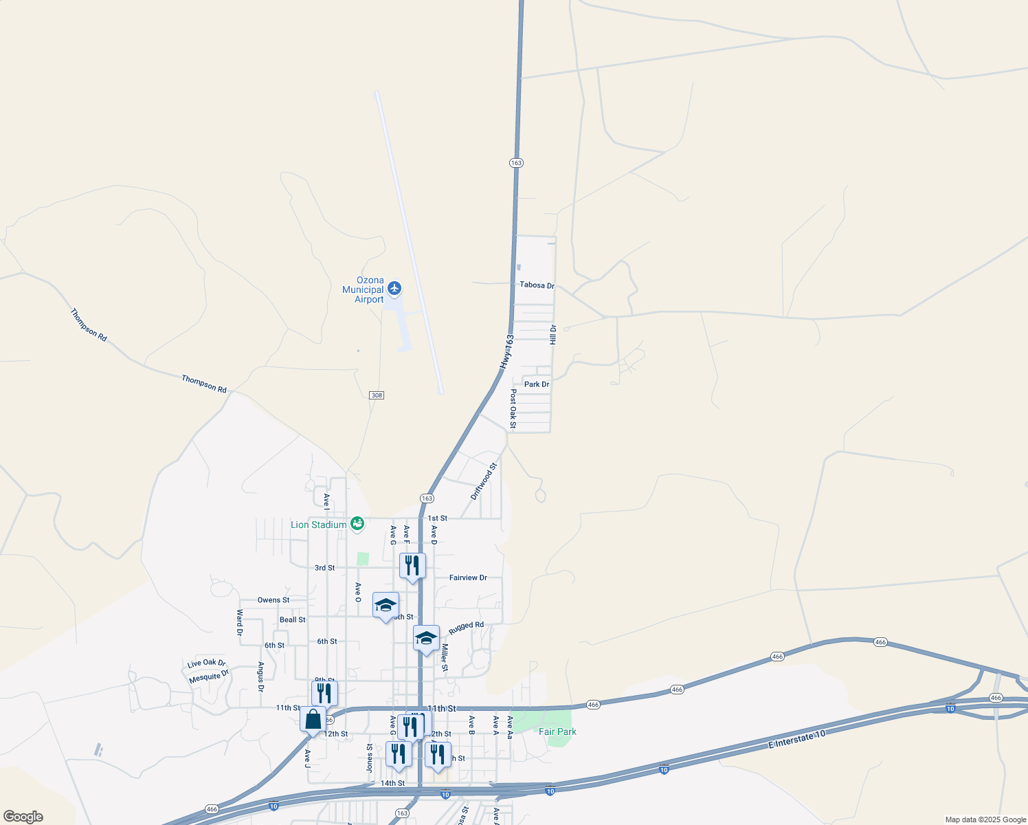 map of restaurants, bars, coffee shops, grocery stores, and more near 105 Bluebonnet Drive in Ozona