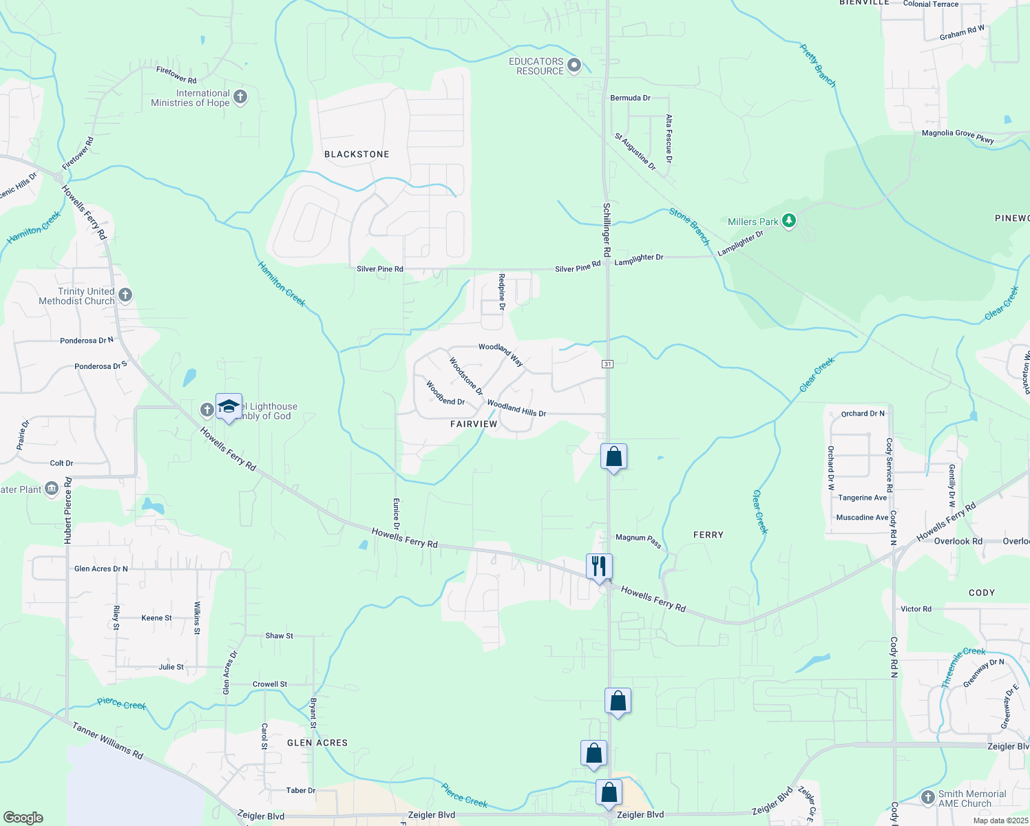 map of restaurants, bars, coffee shops, grocery stores, and more near 8035 Woodland Hills Drive in Semmes