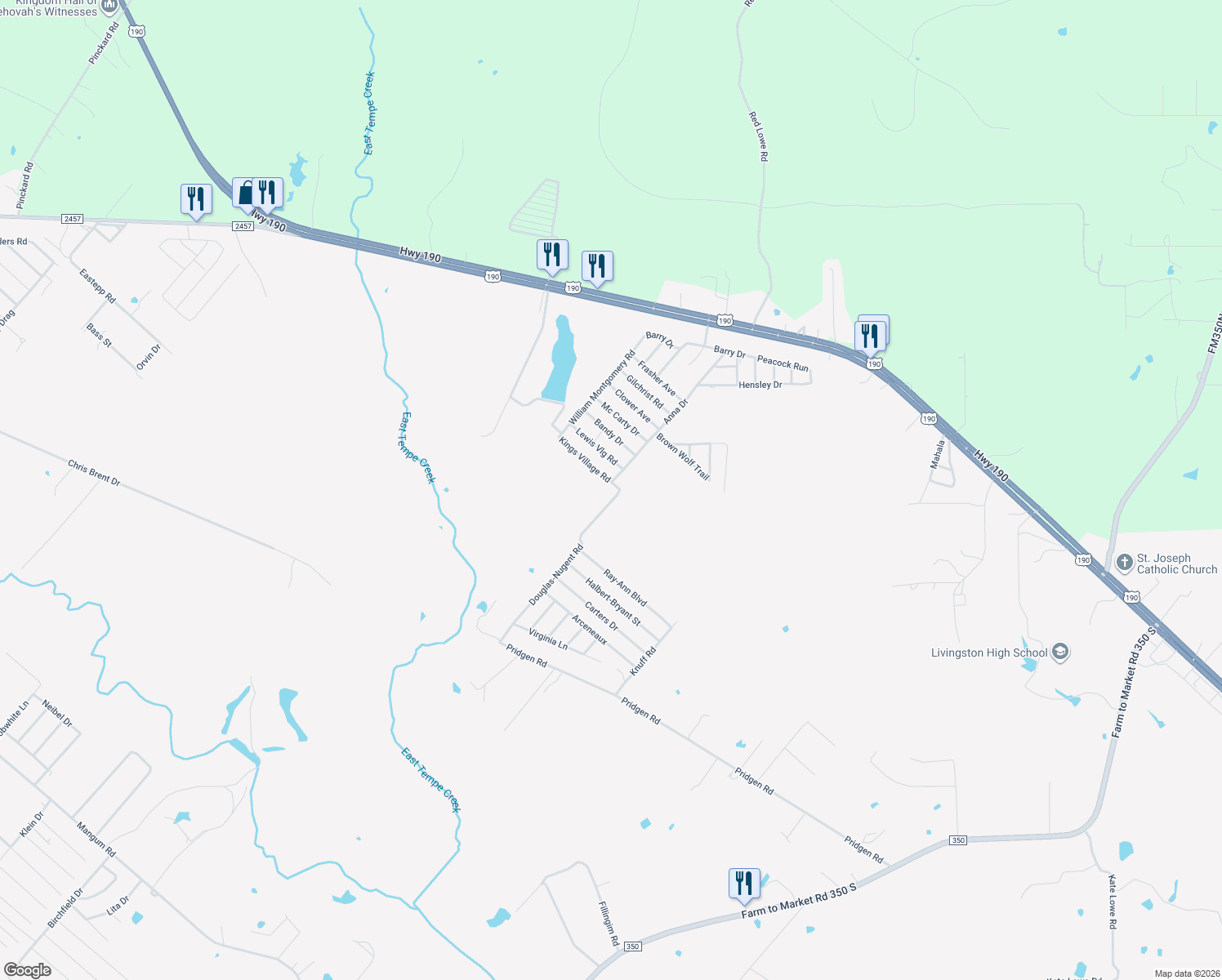 map of restaurants, bars, coffee shops, grocery stores, and more near 110 Douglas-Nugent Road in Livingston