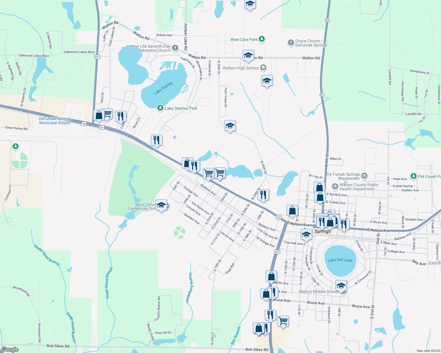 map of restaurants, bars, coffee shops, grocery stores, and more near 67 North Byers Street in DeFuniak Springs