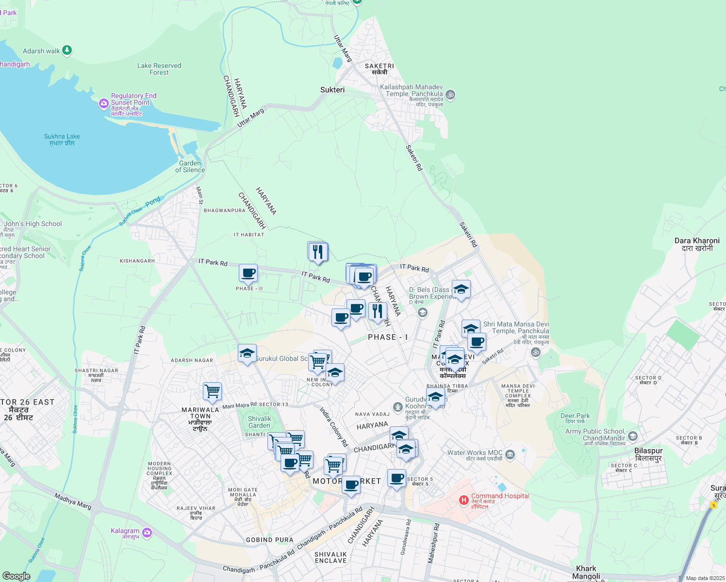 map of restaurants, bars, coffee shops, grocery stores, and more near IT Park Road in Chandigarh