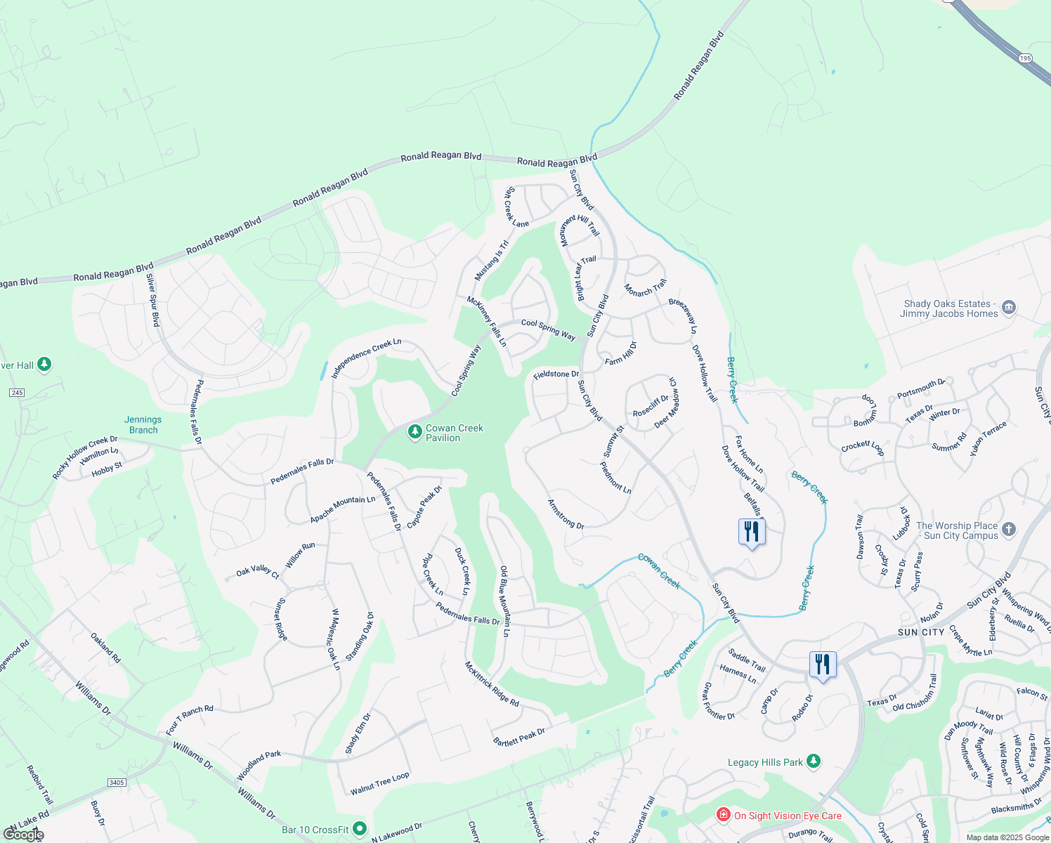 map of restaurants, bars, coffee shops, grocery stores, and more near 510 Lake Sommerville Trail in Georgetown