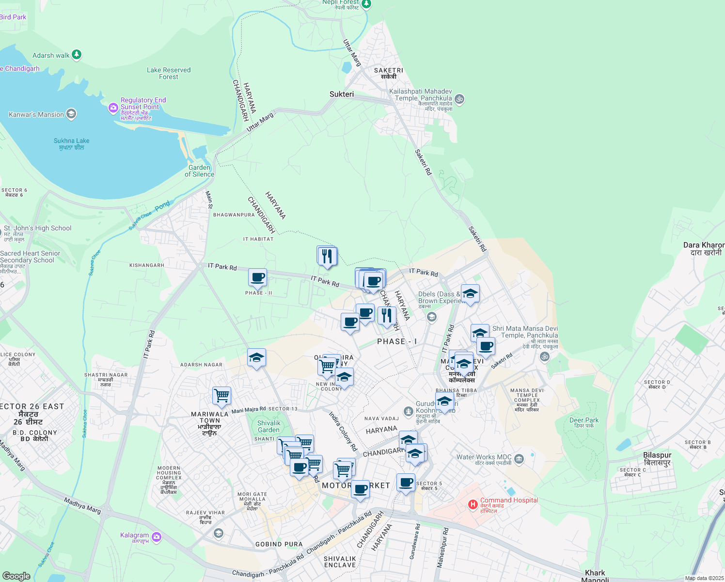 map of restaurants, bars, coffee shops, grocery stores, and more near IT Park Road in Chandigarh