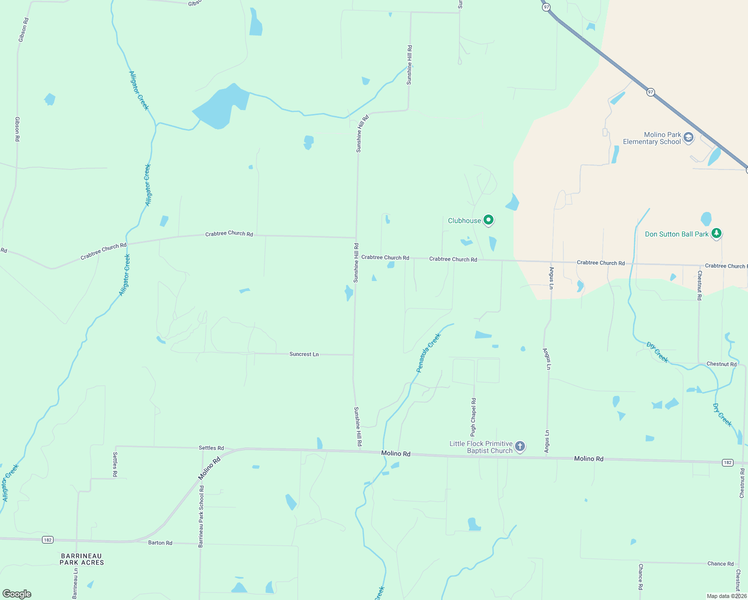 map of restaurants, bars, coffee shops, grocery stores, and more near 7156 Sunshine Hill Road in Molino