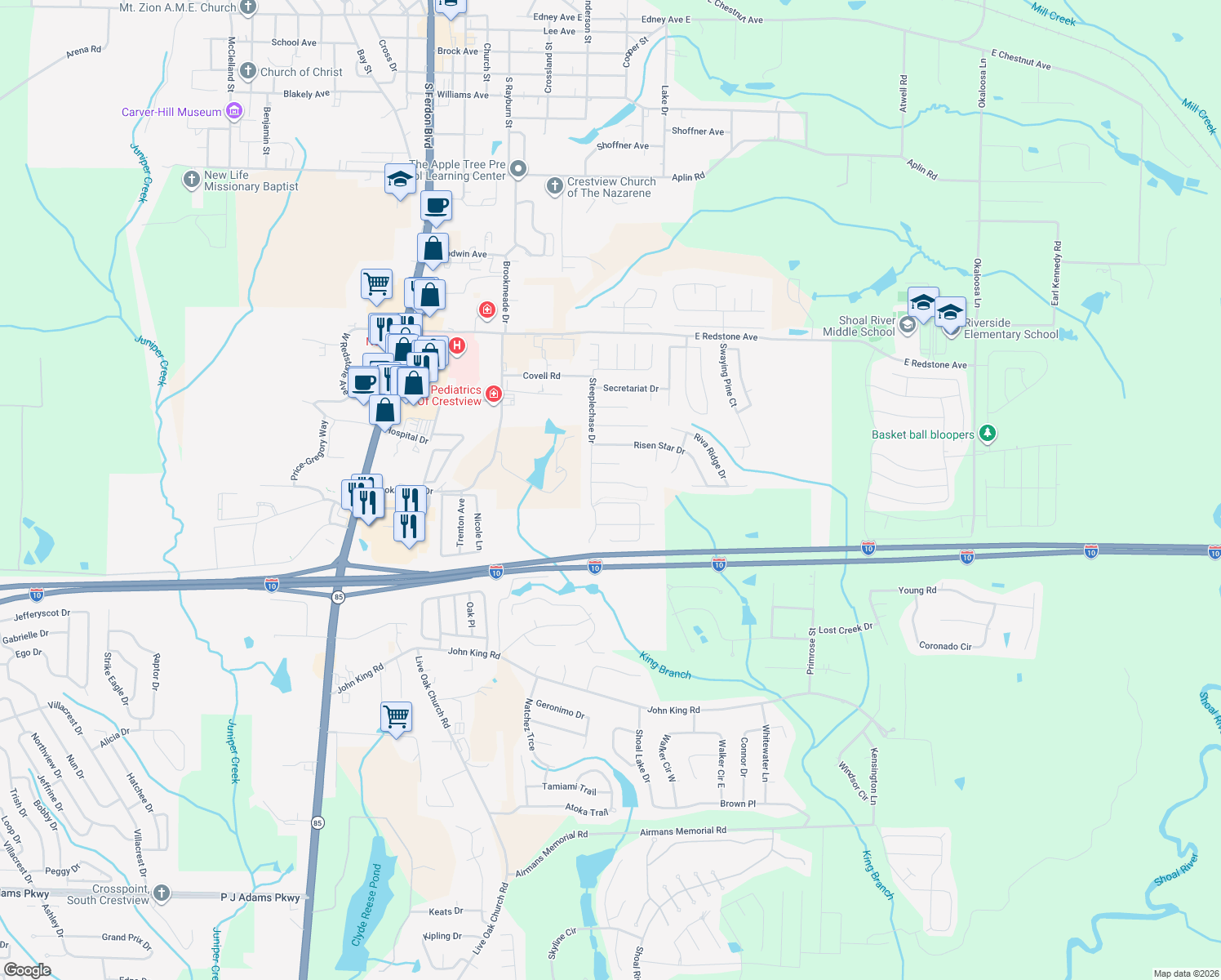map of restaurants, bars, coffee shops, grocery stores, and more near 707 Majestic Prince Court in Crestview