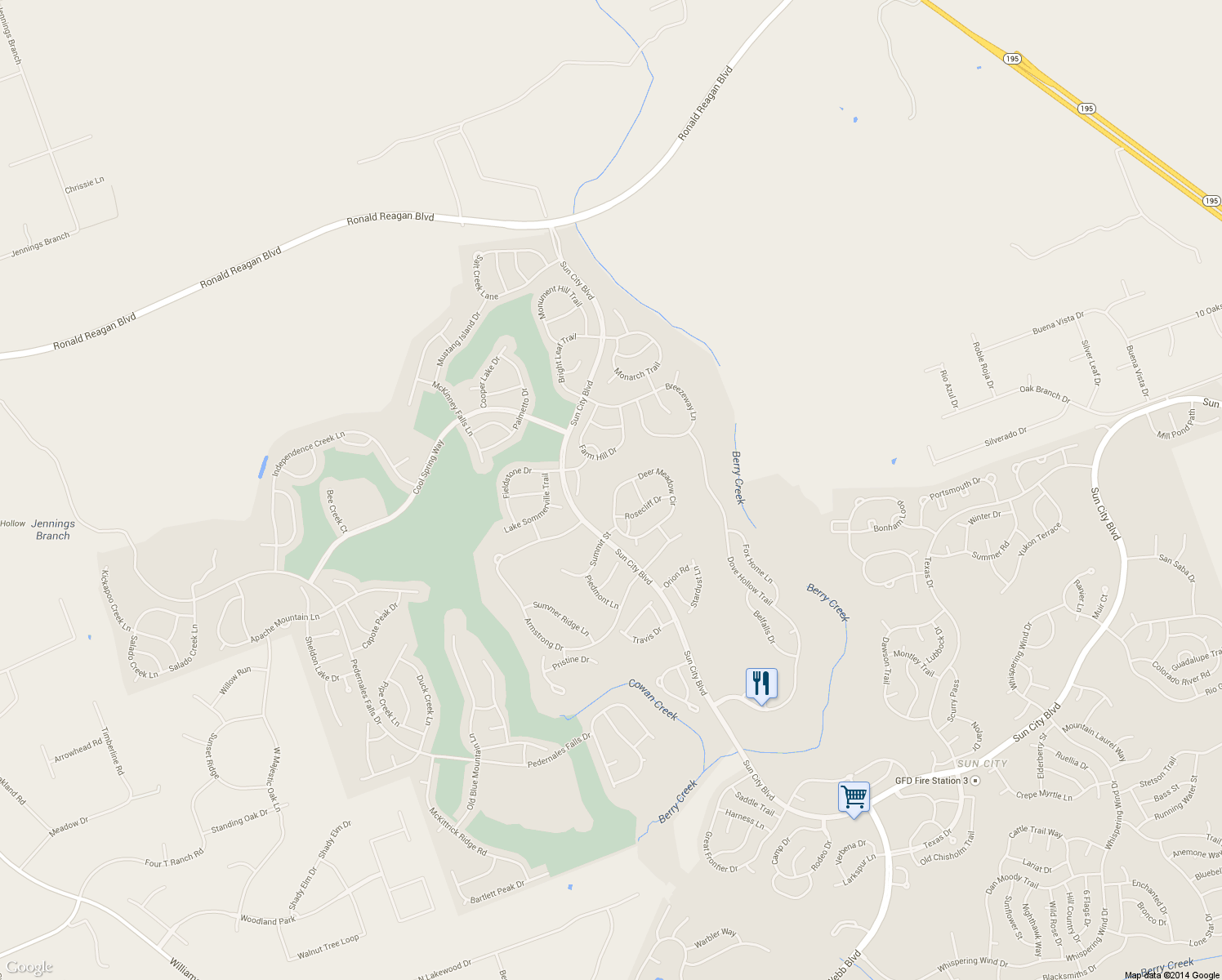 map of restaurants, bars, coffee shops, grocery stores, and more near 614 Deer Meadow Circle in Georgetown