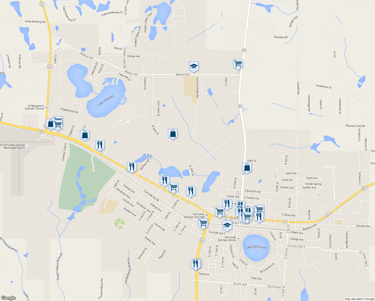 map of restaurants, bars, coffee shops, grocery stores, and more near 506 North 20th Street in DeFuniak Springs
