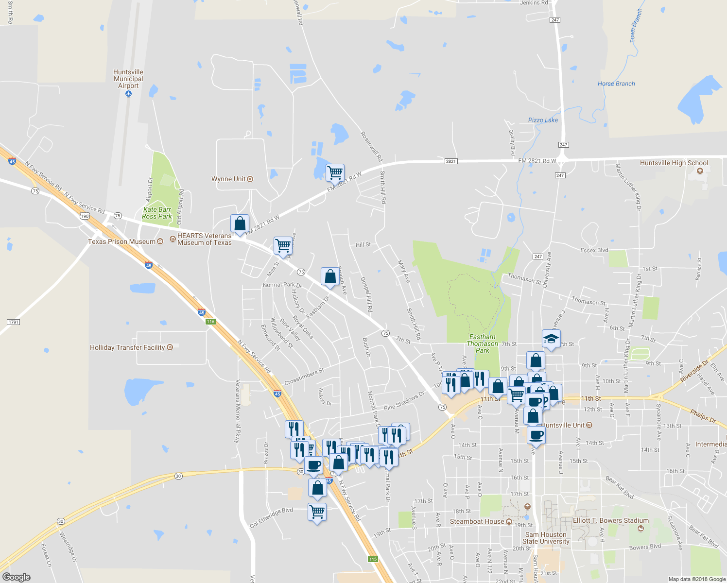 map of restaurants, bars, coffee shops, grocery stores, and more near 408 Gospel Hill Road in Huntsville