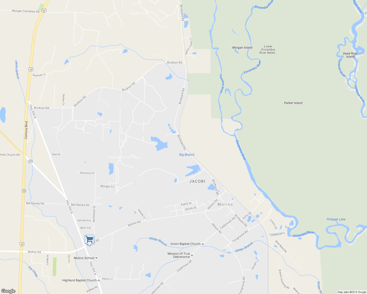 map of restaurants, bars, coffee shops, grocery stores, and more near 7309 Brickyard Road in Molino