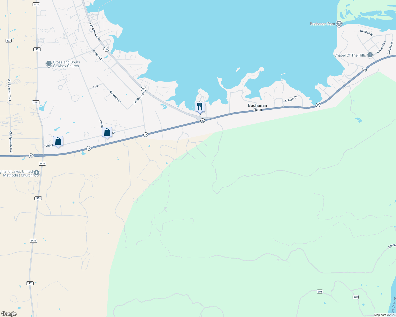 map of restaurants, bars, coffee shops, grocery stores, and more near 299 Sierra Bluff in Buchanan Dam