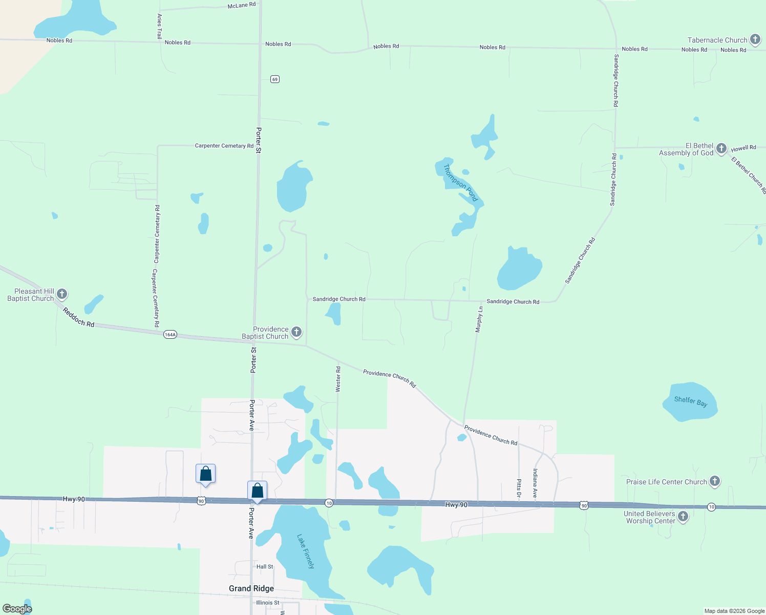 map of restaurants, bars, coffee shops, grocery stores, and more near 2184 Sandridge Church Road in Grand Ridge
