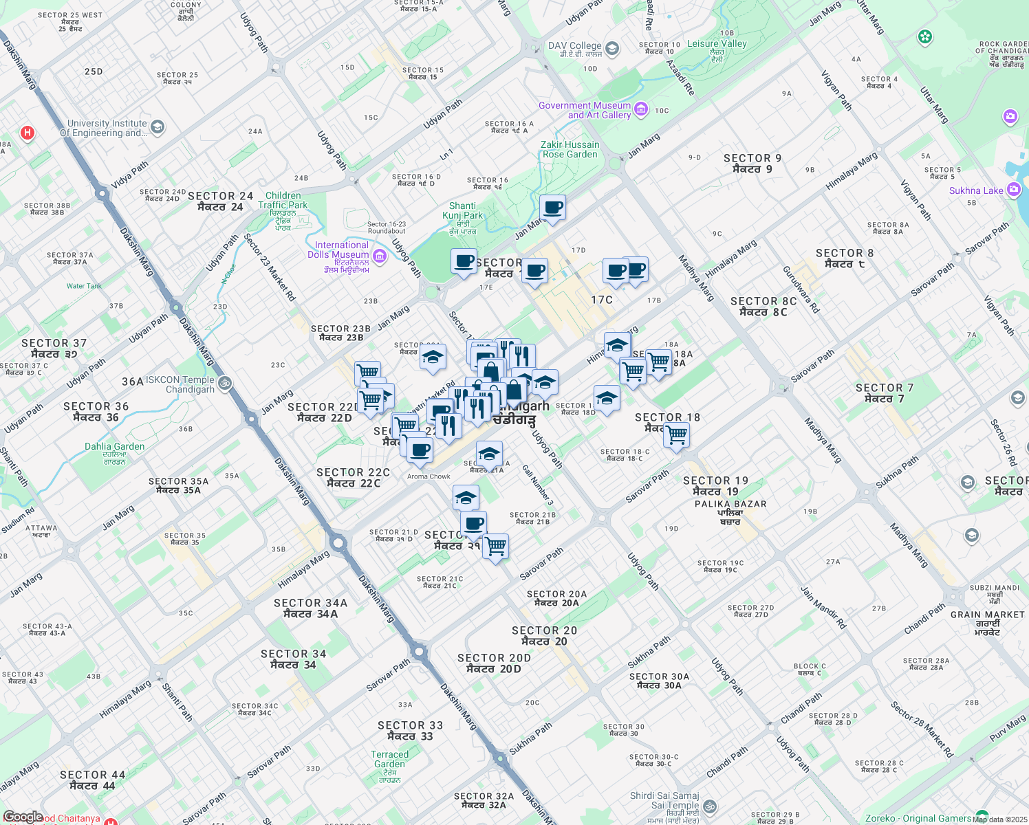 map of restaurants, bars, coffee shops, grocery stores, and more near in Chandigarh