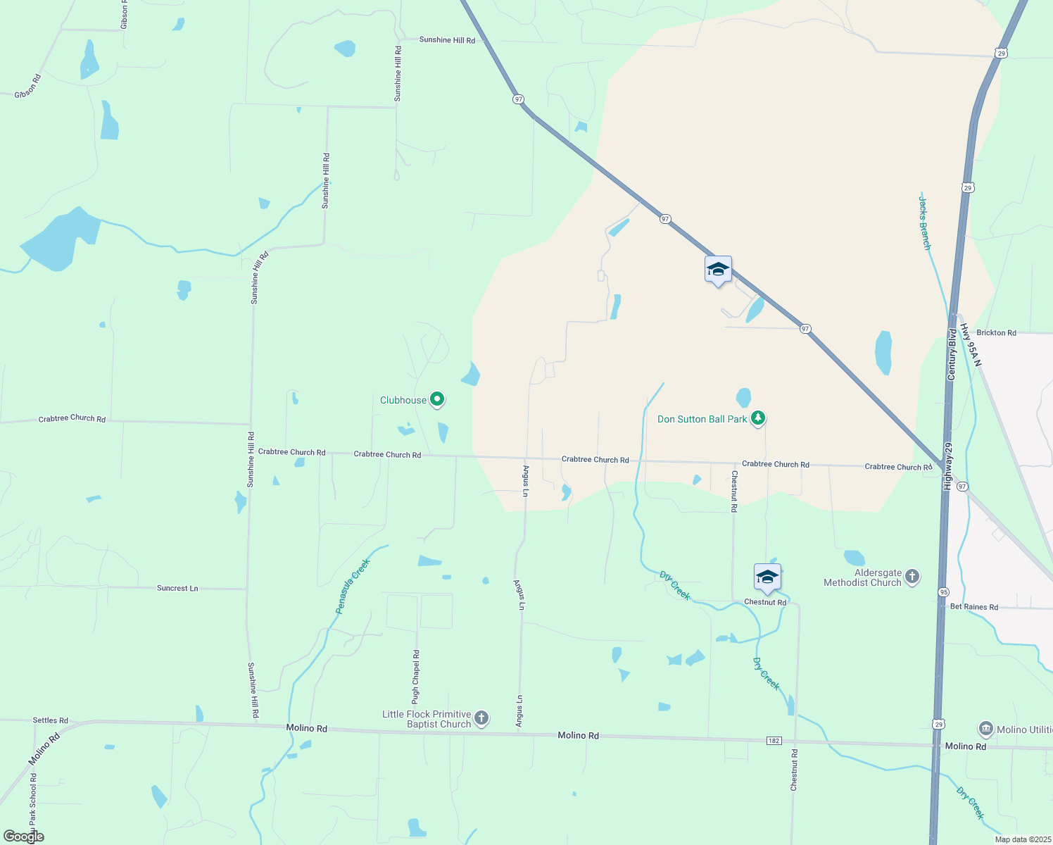 map of restaurants, bars, coffee shops, grocery stores, and more near 3000 Crabtree Church Road in Molino