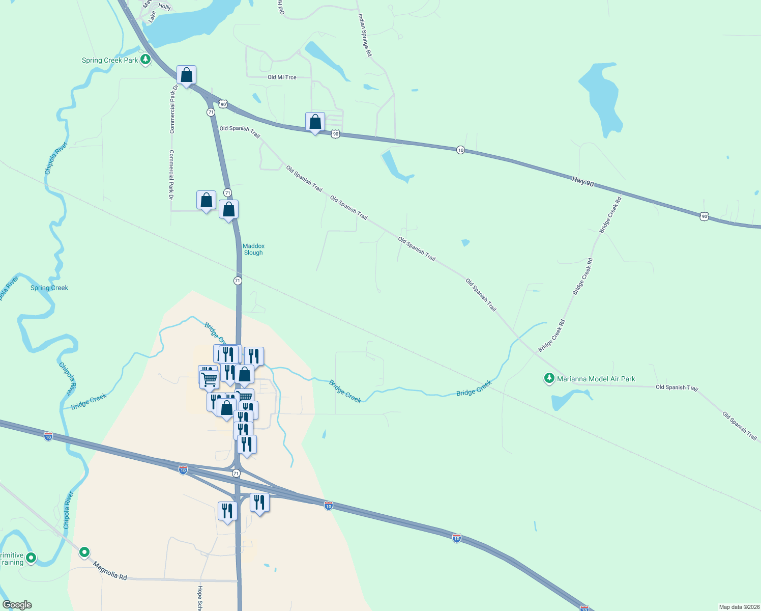 map of restaurants, bars, coffee shops, grocery stores, and more near 2338 Alexsam Drive in Marianna