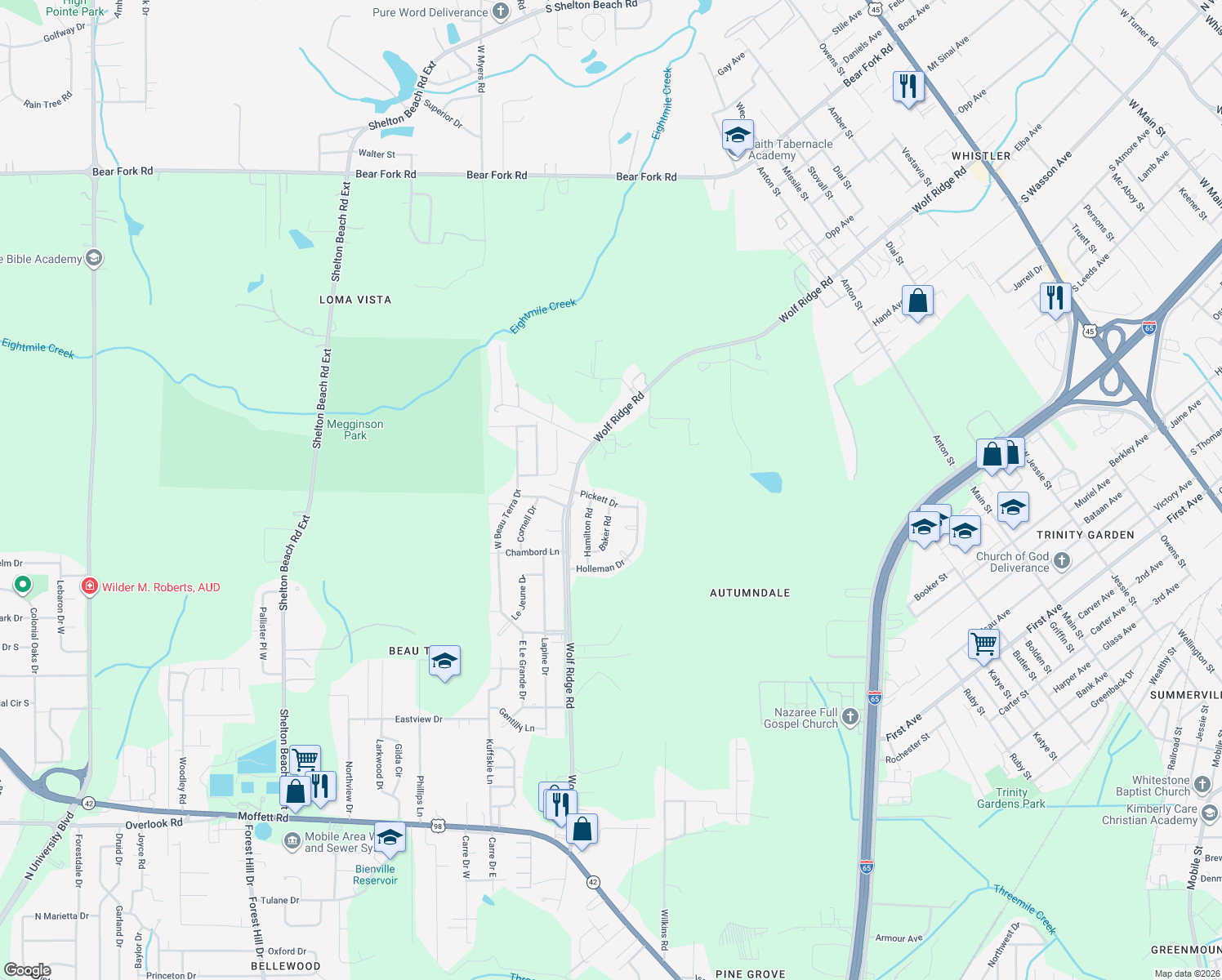 map of restaurants, bars, coffee shops, grocery stores, and more near 3900 Pickett Circle in Mobile