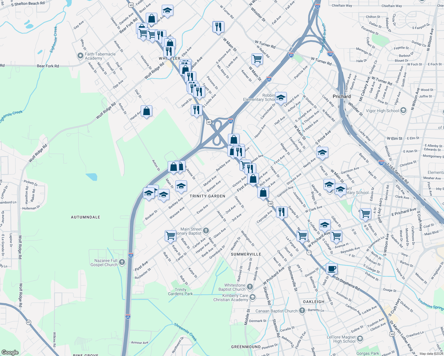 map of restaurants, bars, coffee shops, grocery stores, and more near 2117 Owens Street in Prichard