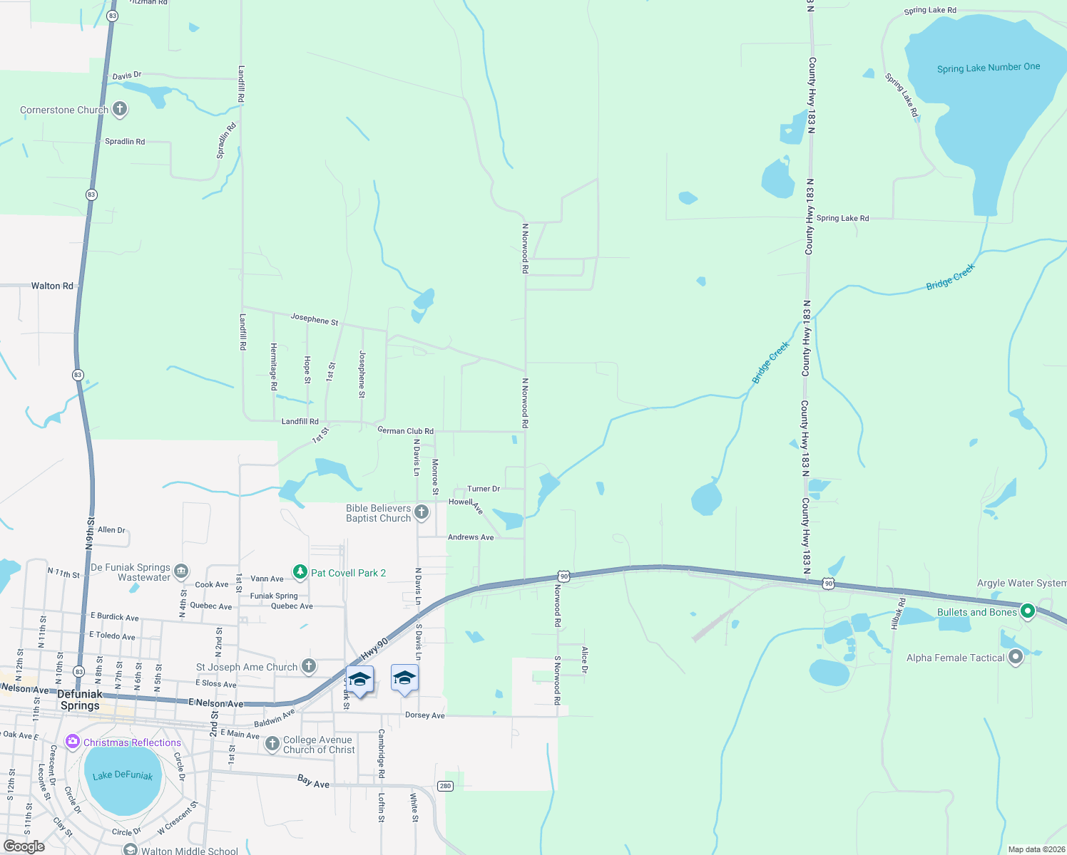 map of restaurants, bars, coffee shops, grocery stores, and more near 550 North Norwood Road in DeFuniak Springs
