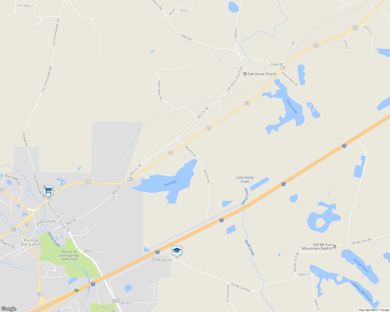 map of restaurants, bars, coffee shops, grocery stores, and more near 2815 Meredith Road in Ponce de Leon