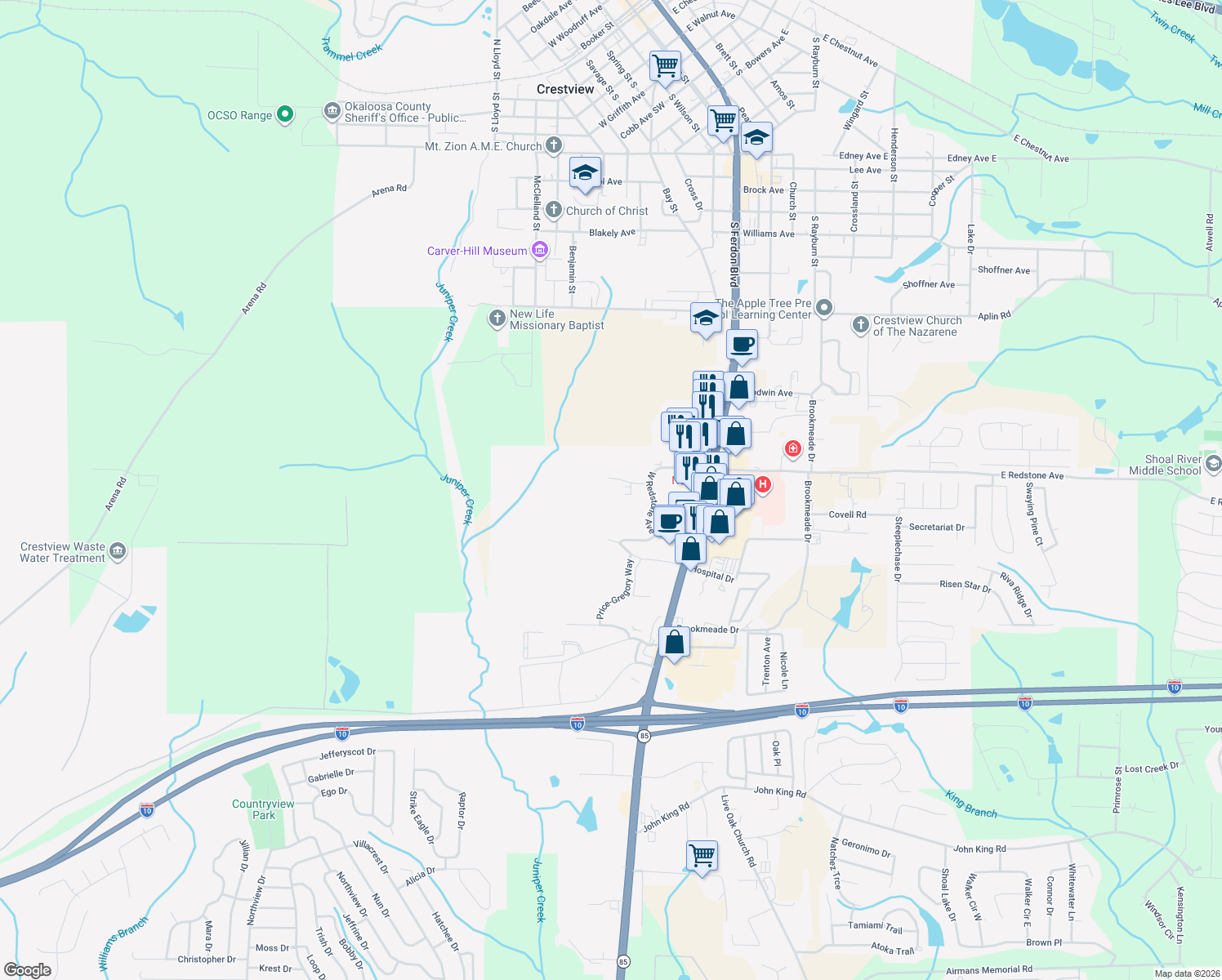 map of restaurants, bars, coffee shops, grocery stores, and more near 377 Medcrest Drive in Crestview