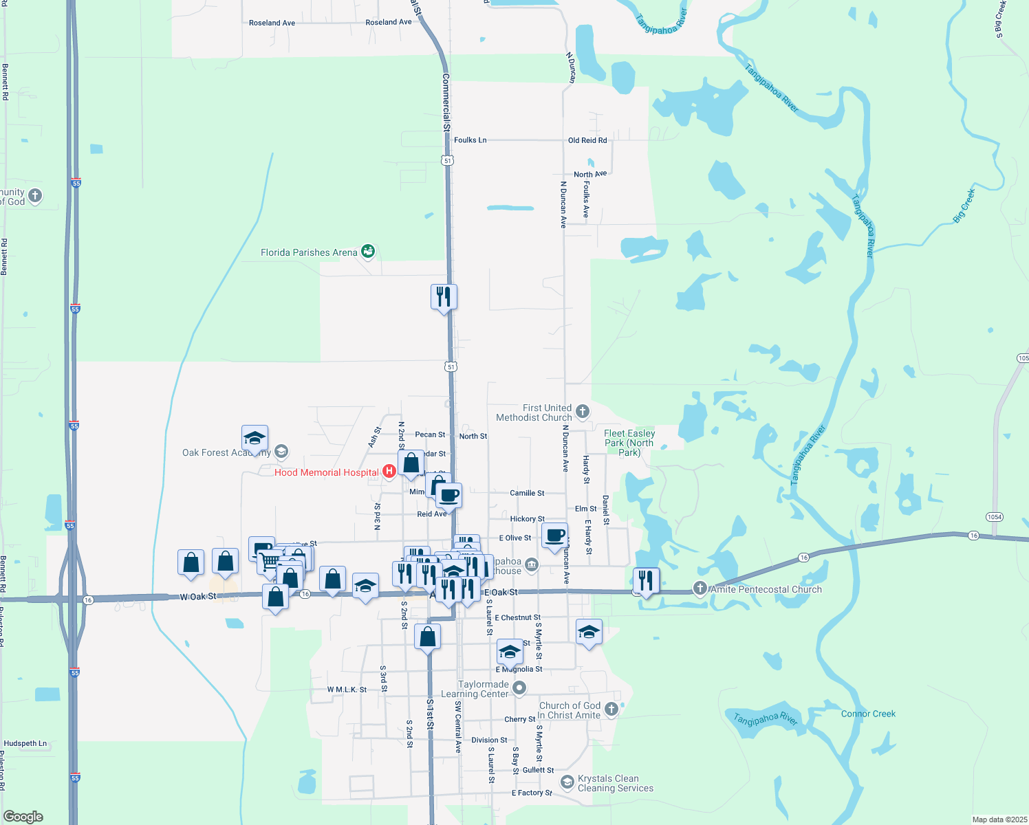 map of restaurants, bars, coffee shops, grocery stores, and more near 210 Lasare Drive in Amite City