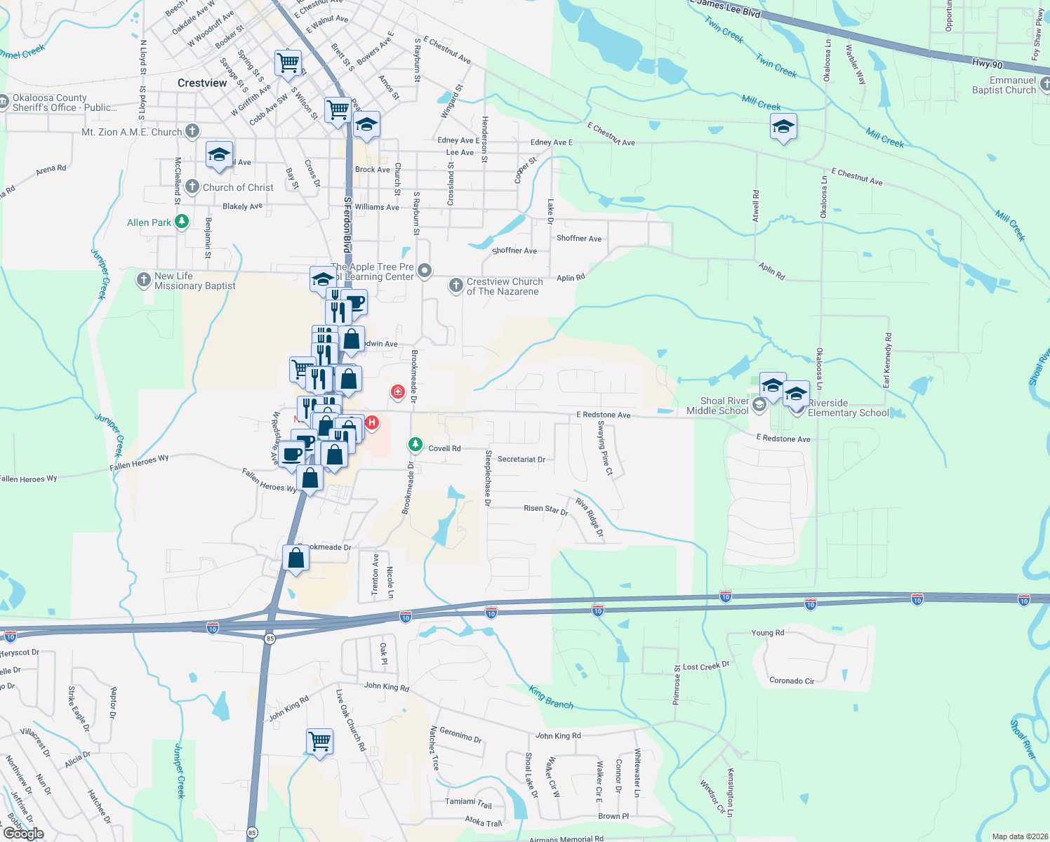 map of restaurants, bars, coffee shops, grocery stores, and more near 34 Regent Rd in Crestview