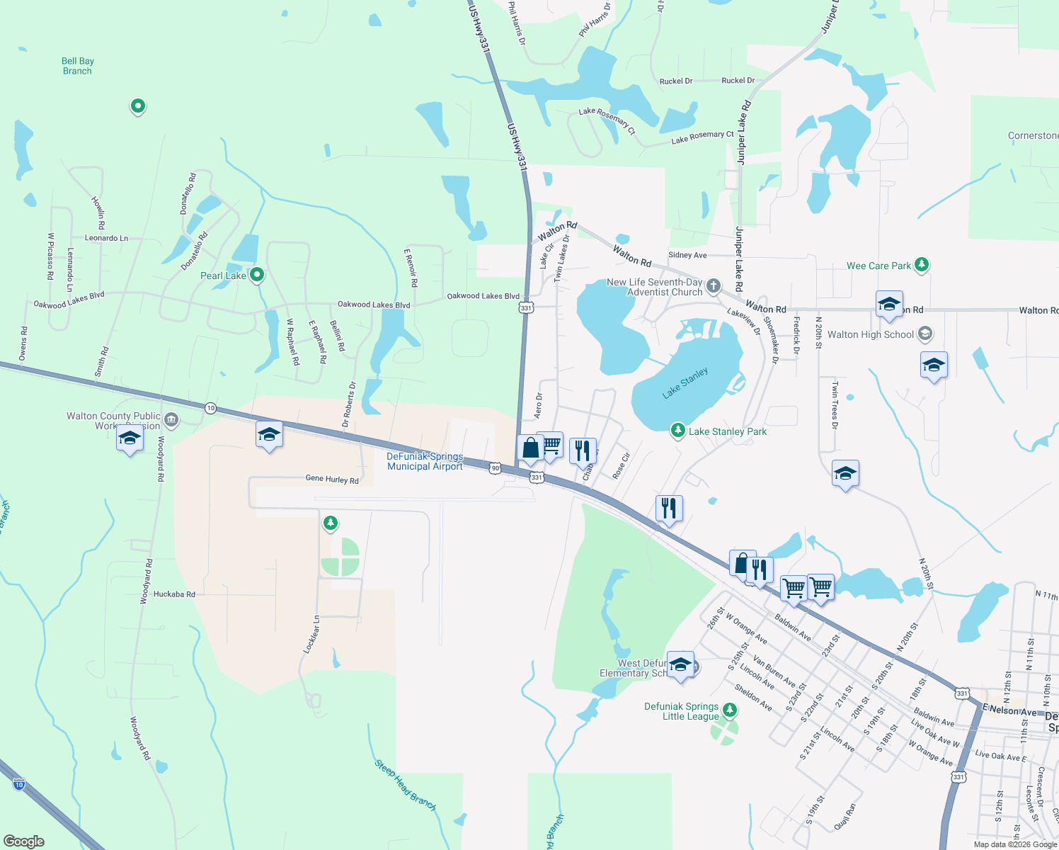 map of restaurants, bars, coffee shops, grocery stores, and more near 28 Aero Drive in DeFuniak Springs