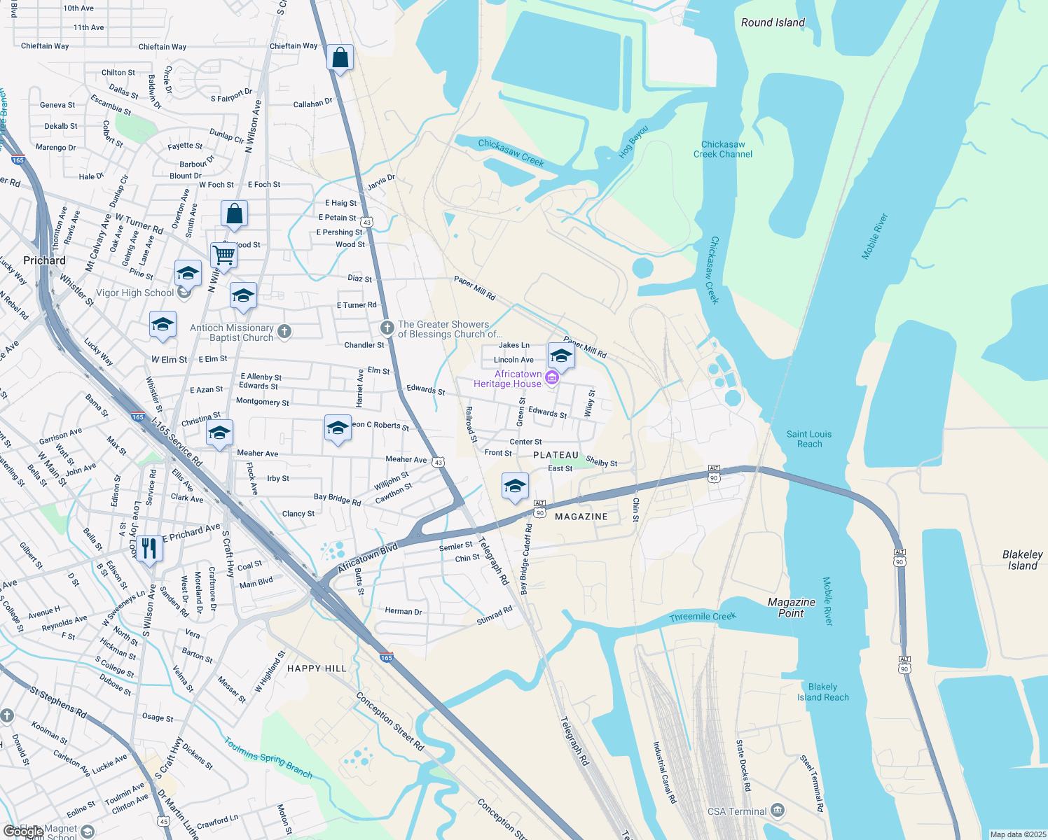 map of restaurants, bars, coffee shops, grocery stores, and more near 2314 Green Street in Mobile
