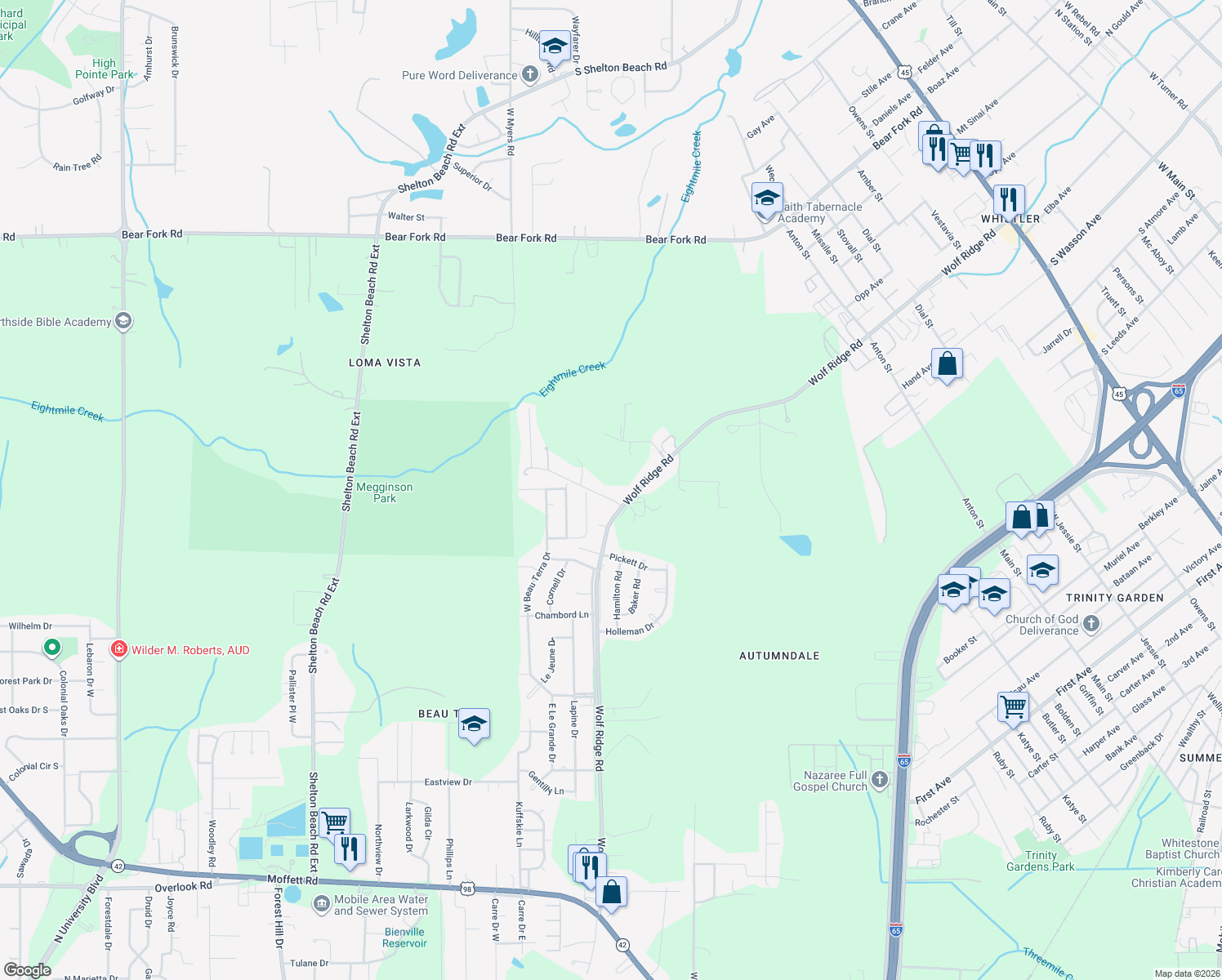 map of restaurants, bars, coffee shops, grocery stores, and more near 4056 Dixon Lane in Mobile