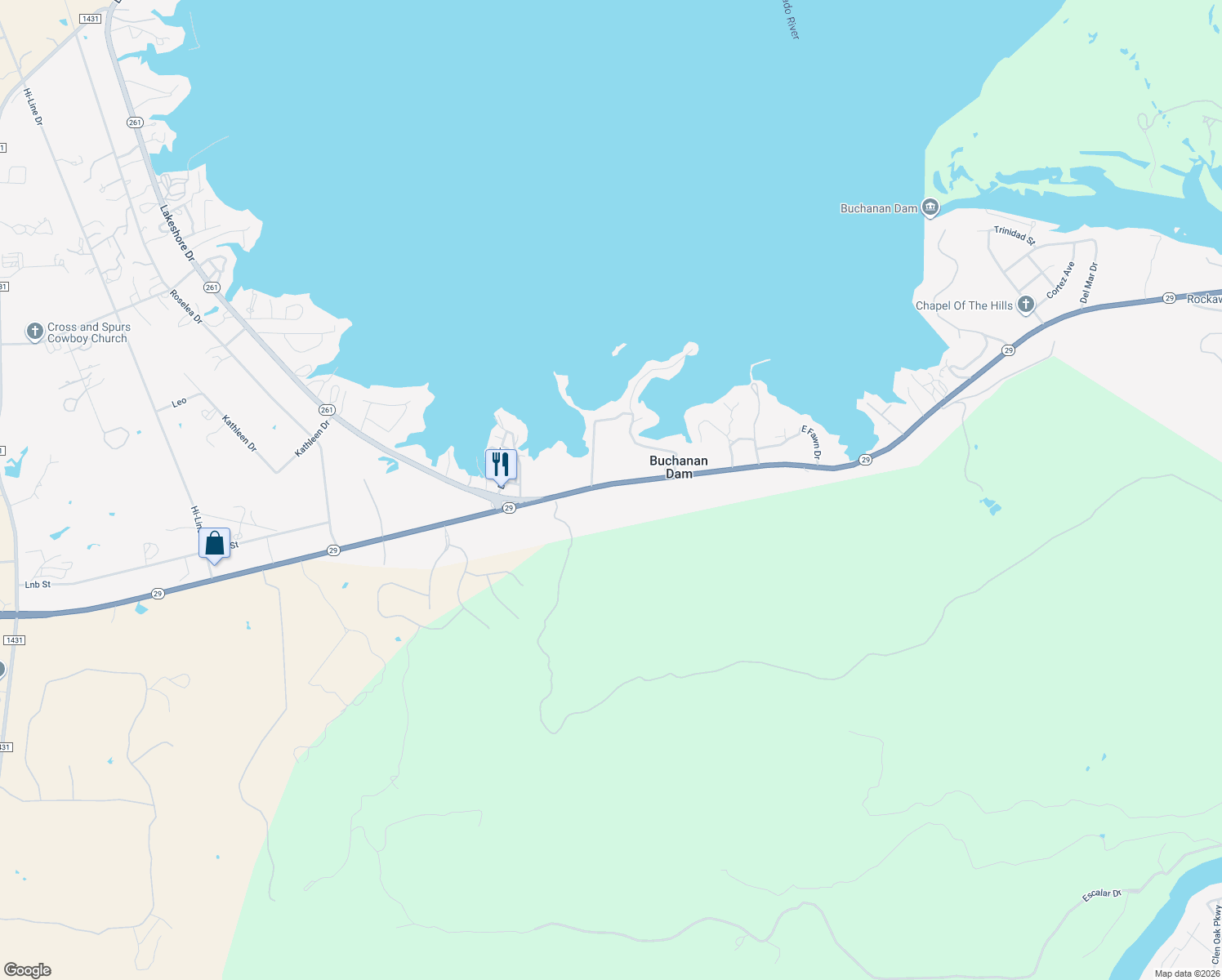 map of restaurants, bars, coffee shops, grocery stores, and more near 17416 Texas 29 in Buchanan Dam