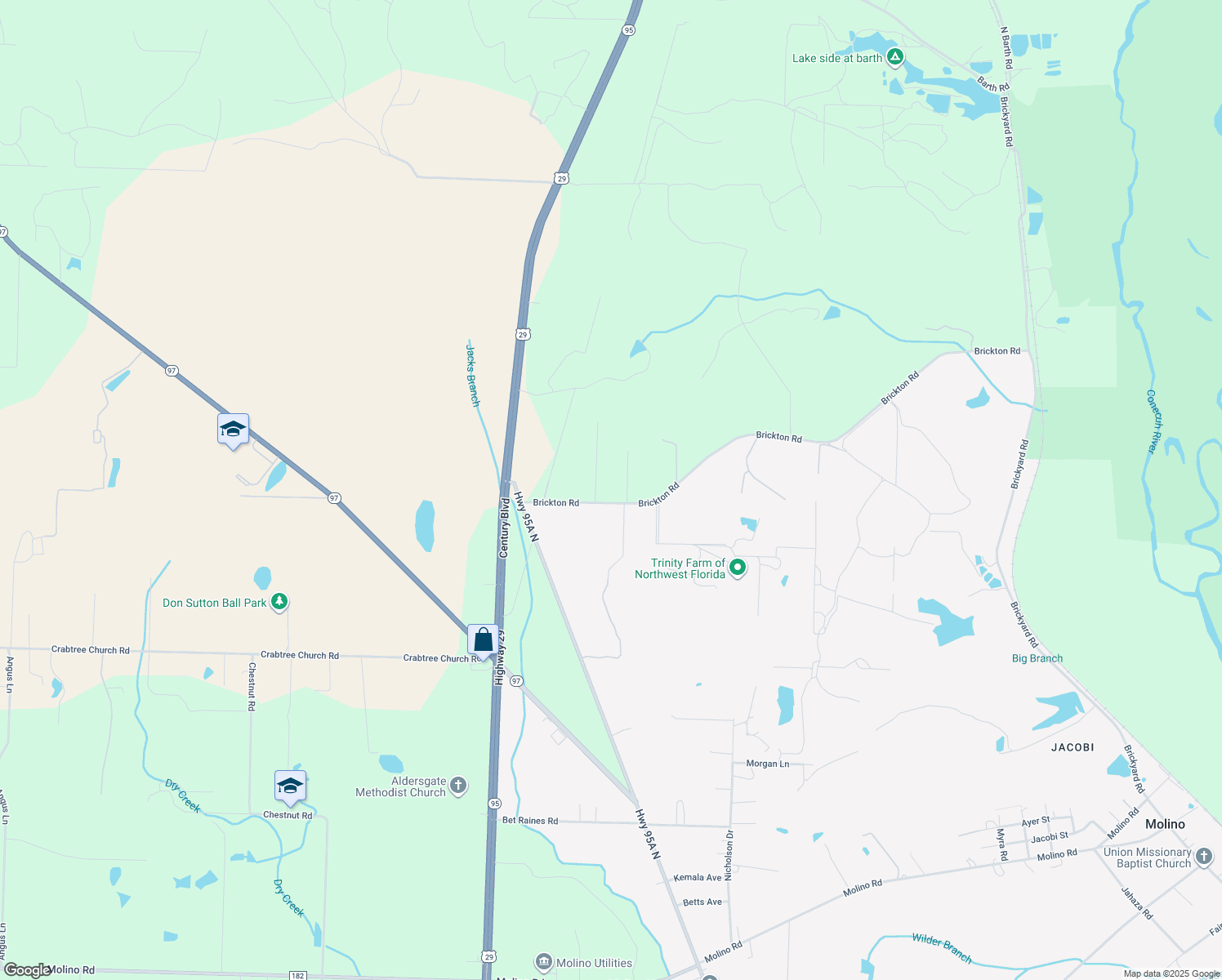 map of restaurants, bars, coffee shops, grocery stores, and more near 7781 Wesley Circle in Molino